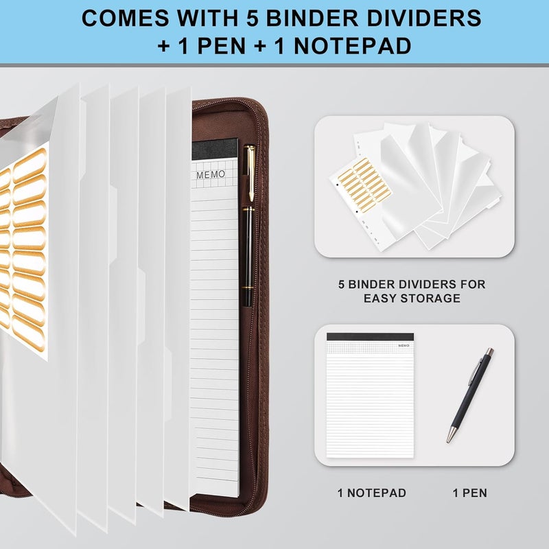 Eshow Portfolio Organizer - 3 Ring Binder with Zipper, Vegan Leather Business Padfolio Folder with Notepad Includes 5 Clear Sheet Protectors for Documents Files for Men Women - Image 3